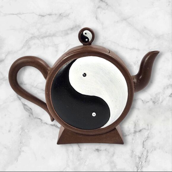 Yin Yang Brown Ceramic Decorative Teapot Figurine Black & White Tao Symbol 7.5" - Picture 2 of 11